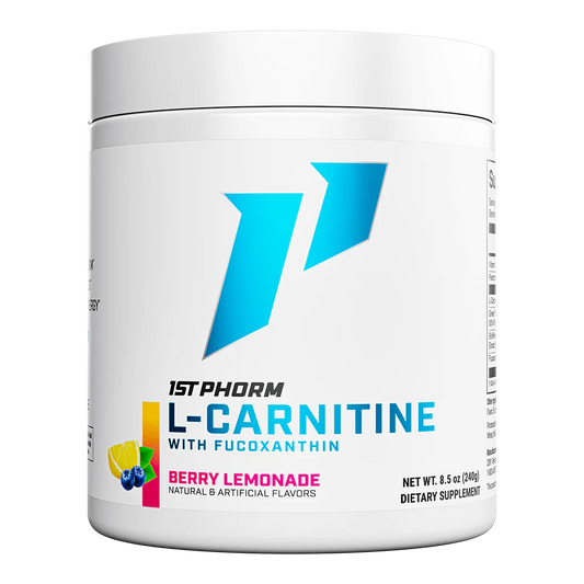 A container of 1st Phorm L-Carnitine with Fucoxanthin in berry lemonade flavor.